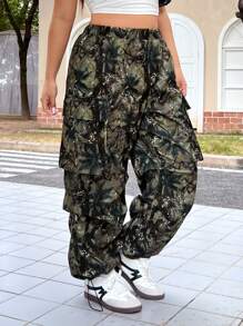 SHEIN EZwear 大码女式树枝印花松紧腰阔腿工装裤 - 彩色 - 查看 1