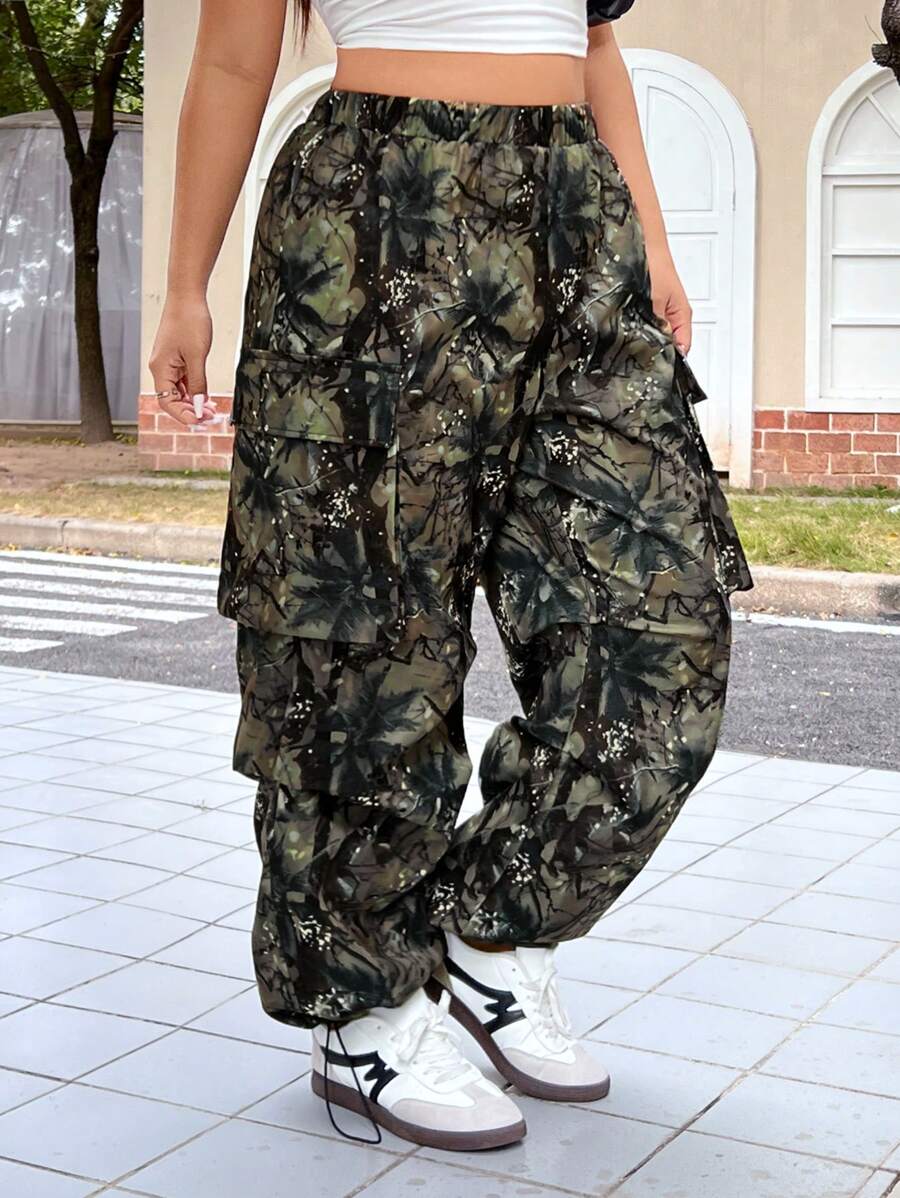 SHEIN EZwear 大码女式树枝印花松紧腰阔腿工装裤 - 彩色 - 查看 1