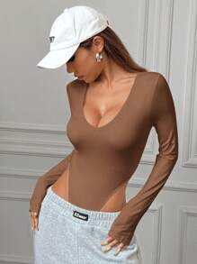 SHEIN EZwear Coffee Brown Knitted Bodysuit For Women - Coffee Brown - View 4