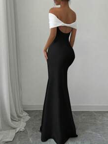 Rafferiza Women's Summer Off Shoulder Mature Charm Black & White Contrast Color Maxi Fishtail Hem Dress - Black and White - View 2