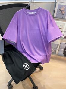 SHEIN Teen Boys Letter & Portrait Graphic Short Sleeve T-Shirt & Shorts Set, Casual Athletic College Style, Comfortable, Versatile, Suitable For Daily Wear, School, Outdoor, Sports - Multicolor - View 3