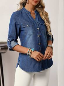 EMERY ROSE Women's Autumn V-Neck Single Breasted Cuffed Sleeve Denim Blouse