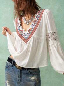Bohemela Boho Vacation Casual Embroidery V-Neck Women Shirt