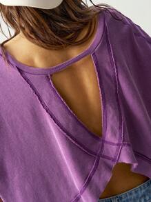 Bohemela 波西米亚风纯色后背镂空设计女式 T 恤，紫色上衣 - 紫色 - 查看 5