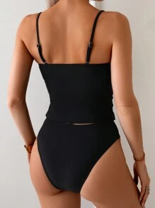 Swim Chiccia Spring Break New Fashion Elegant Black Tankini Top Tank With Ruffled Straps, 2pcs Women Fresh Swimwear Set