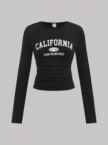 SHEIN Girlism 少女 1 送 2 3 件/套，针织纯色圆领褶皱休闲简约复古美式英式图案圆领修身短款上衣长袖 T 恤