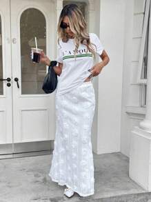 SHEIN Essnce Women's Solid Color Elastic Waist 3D Floral Decor Elegant Skirt - White - View 3