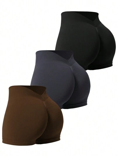 Easithlete Pantalones cortos deportivos de mujer de un solo color para uso diario y fitness, sin costuras, con cintura en V, shorts de sudor, shorts de gimnasio, shorts tipo biker