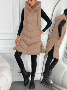 EURMUSE Slant Pockets Zipper Hem Drawstring Hooded Puffer Vest Coat - Apricot - View 3