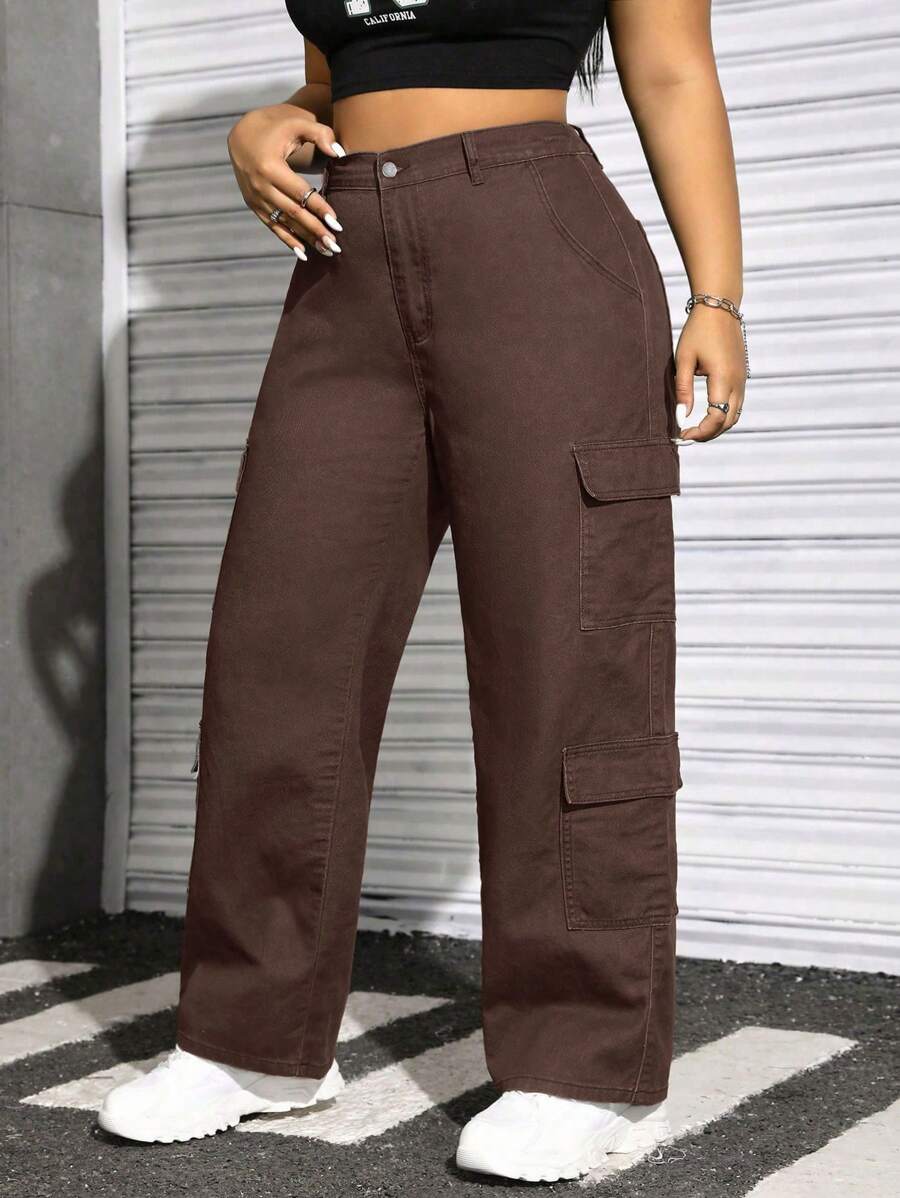 Solflare Plus Size Women's Cargo Pocket Wide Leg Casual Jeans