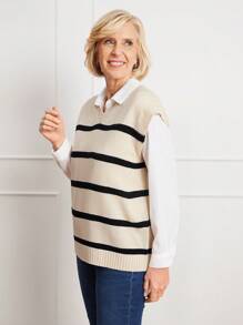 SHEIN LUNE 女士休闲撞色条纹 V 领针织背心 - 彩色 - 查看 6