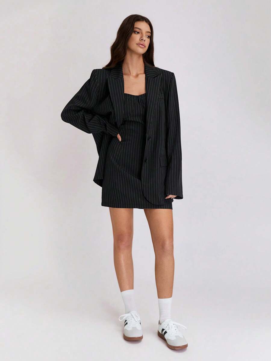 SHEIN Unity Women's Front Button Long Sleeve Lapel Neck Striped Minimalist Blazer Fall Cloth For Women - Black - View 1