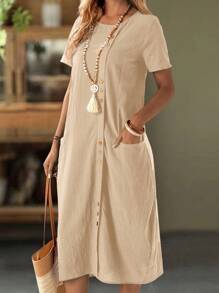 EMERY ROSE 女士纯色圆领短袖双口袋纽扣连衣裙 - 卡其色 - 查看 3