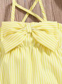 SHEIN Vintaside Kids 2 件套女婴时尚可爱条纹露肩连体衣和头带套装，夏日派对 - 黃色 - 查看 3