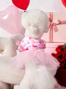 PETSIN 1pc Pink Heart Print Peplum Tulle Bow Decor Cute Princess Dog Dress, Fits Most Pets, Valentines Day' - Multicolor - View 3