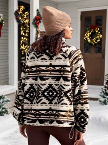 In My Nature 女式几何图案插肩袖长袖拉链部分翻领蓬松户外运动衫，秋冬 - 彩色 - 查看 2