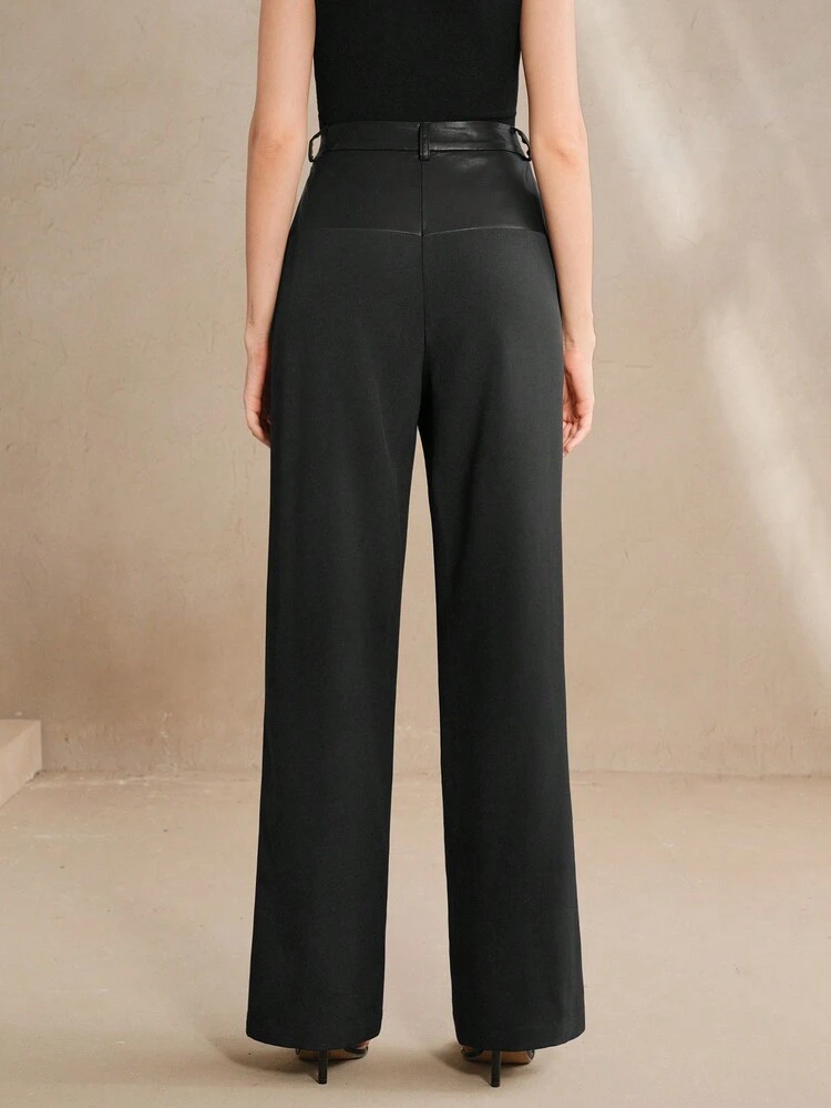 High-Waist Black Straight Wide Leg Pants, Sleek Modern Commuting Style With PU Leather Panel Details, Women's Premium Trousers
