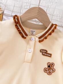 年轻女孩夏季休闲马球领泡泡袖小熊刺绣迷你连衣裙 - 黃色 - 查看 3