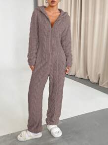 Flirla Women's Solid Color Plush Hooded Long Sleeve Deep V Sexy Jumpsuit (Random Cut)