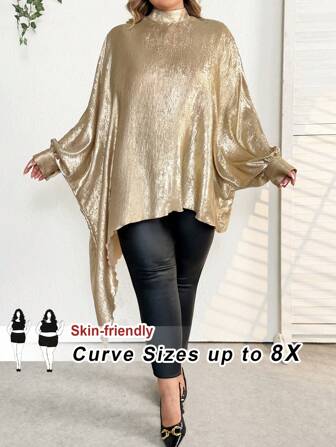 SHEIN CURVE+ 大码优雅不对称中长袖大码衬衫，金色上衣，情人节衬衫，情人节，玫瑰，心形，波尔卡圆点，爱心，嘴唇，丘比特，3D 花朵