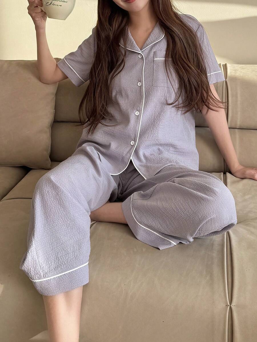 SHEIN 青少年女孩都市简约领口纽扣式短袖上衣和裤子休闲居家睡衣 2 件套 - 淡紫色 - 查看 1