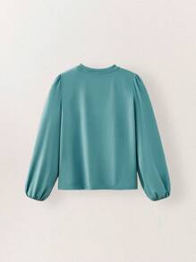 SHEIN Tween Girl Casual Cartoon Letter Print Puff Sleeve T-Shirt, Autumn - Green - View 2