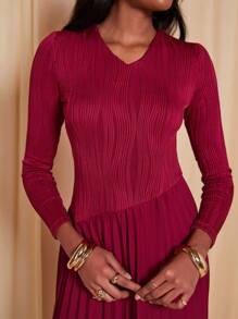 COSMINA 栗色女士提花不对称长款针织连衣裙 - 酒紅色 - 查看 8