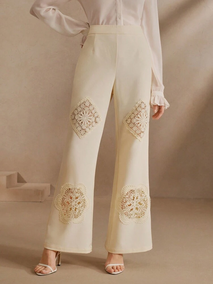 Eleganckie, jednokolorowe, rozszerzane spodnie damskie z wysokim stanem i koronką Hollow-Out