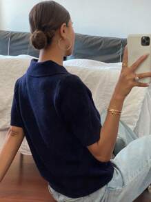 Livesso 女士修身纯色 Polo 领拉链短袖针织上衣，休闲，秋装，返校服 - 藏蓝色 - 查看 2