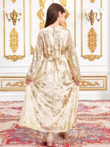 SHEIN Tween Girls Casual Round Neck Geometric Retro Pattern Stitching Dress, Suitable For Ramadan - Gold - View 2