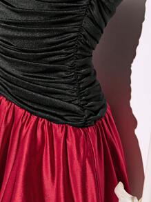 SHEIN Unity Women's Party Black & Red Patchwork Bodycon Backless Mini Puff Dress For Birthday, Valentine's Day - Red and Black - View 5