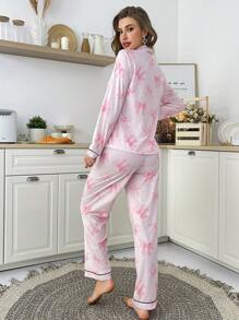 Contrast Color Trim Butterfly Print Lapel Long Sleeve Pajama Set - Multicolor - View 2