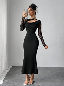 Modelyn Vestido midi elegante de manga larga con contraste de encaje calado y bajo de cola de pez para mujer
