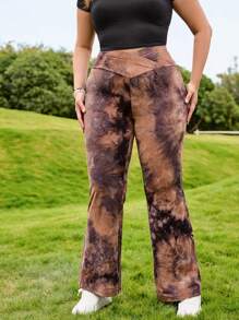 SHEIN EZwear Plus Size Tie Dye Flare Leg Pants, Casual Daily Wear