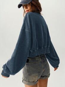 Bohemela Women Casual Solid Color Knit Drop Shoulder Loose Fit Pullover Sweatshirt - Dark Grey - View 3