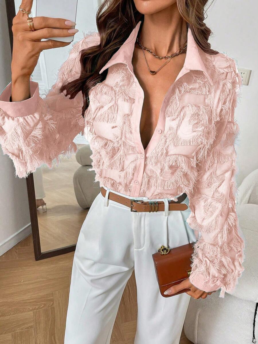 SHEIN Clasi Damen Herbst Mode einfarbige Bluse mit Fransensaum - Babypink - Übersicht 1