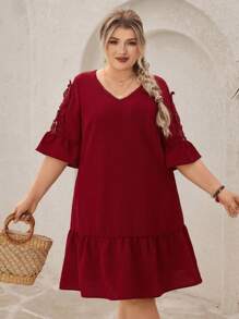 SHEIN VCAY 大码度假岛休闲浪漫红色蕾丝边连衣裙，情人节 - 紅色 - 查看 3