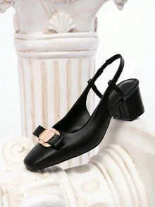 CUCCOO CHICEST Women's Classic Black Comfortable Square Toe Slip-On Mid Heel Shoes, Metallic Bow Design, Faux Leather Versatile Pumps For Commute, Dating, Afternoon Tea, Party, Sweet Lady For Christmas - Black - View 1