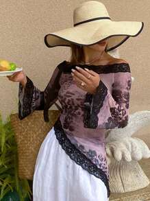 DAZY Lace & Mesh Splice Form-Fitting Off Shoulder Long Sleeve Crop Top For Women, Spring/Summer Sheer - Pink - View 5