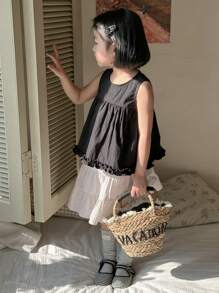 DAZY 2pcs/Set Young Girl Solid Color Round Neck Sleeveless Casual Top And Mini Skirt Outfit,Girls Summer Outfits - Black - View 1