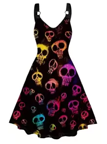 Plus Size Women Gothic Style Halloween Party Devil Winged Print Dress For Summer - Multicolor - View 1