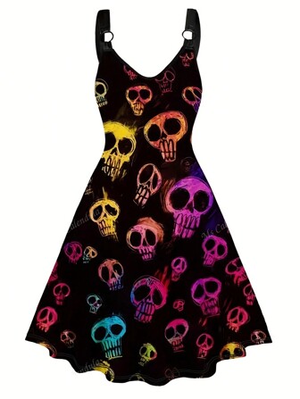 Plus Size Women Gothic Style Halloween Party Devil Winged Print Dress For Summer