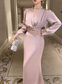 DAZY 1 set effen kleur dames twist geplooide pofmouw shirt en A-lijn rok 2-delige outfit