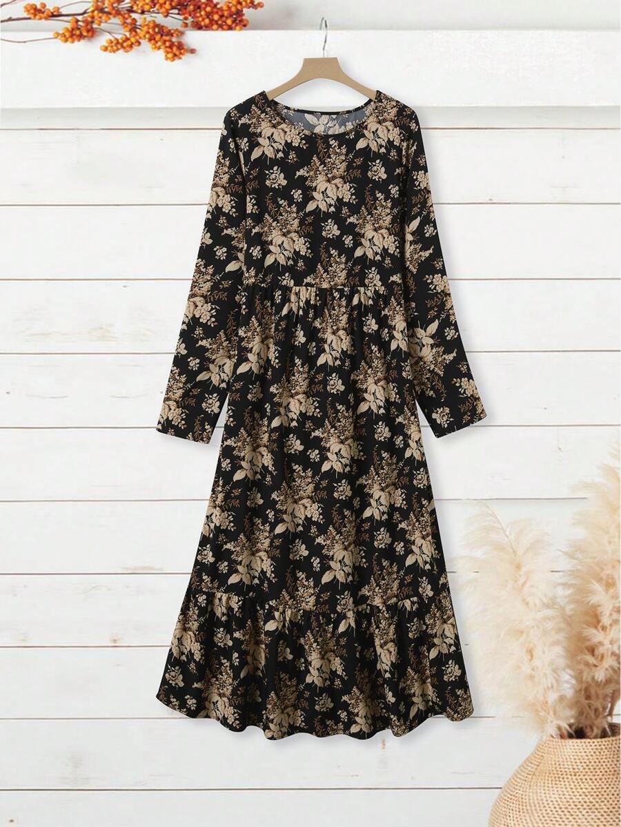 EMERY ROSE Women Crew Neck Long Sleeve All-Over Floral Print Casual Long Spring Dress - Multicolor - View 1