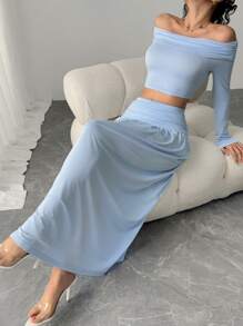 Chiquease Atmospheric Off Shoulder Top & High-Waist Pleated A-Line Skirt Set - Baby Blue - View 6