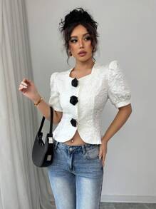 Chiquease Women's Casual Square Collar Flower Decor Bubble Short Sleeve Cropped Blouse