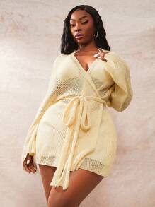 SHEIN SXY Suéter de cárdigan de manga larga de punto con cinturón (incluido el cinturón) para mujer de talla grande, versátil para primavera y otoño - Albaricoque - Ver 4