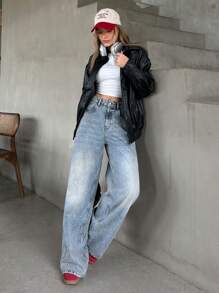 RueChic HIGH RISE WIDELEG Y2K Street Casual STREETWEAR JEAN Everyday Going Out Blue And White Stripe Summer - Medium Wash - View 3