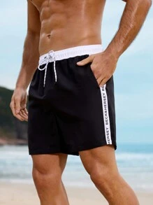 Manfinity VDAYZ Men's Letter Print Drawstring Waist Beach Shorts - Black and White - View 6