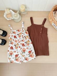 SHEIN LMoss Kids LMoss  2pcs/Set Toddler Girls Cute Floral Print Romper Set, Summer - Multicolor - View 6